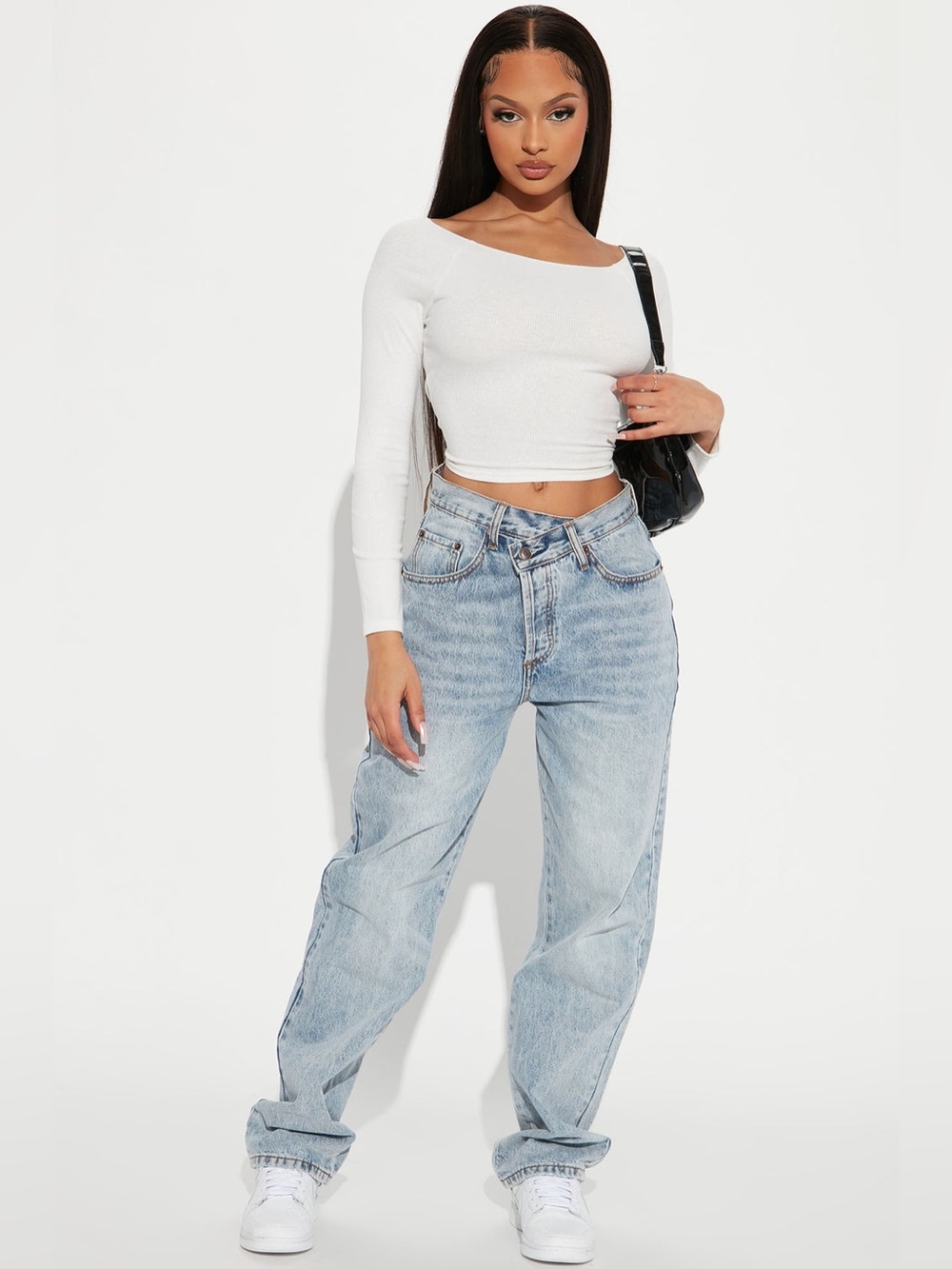 Fashion Nova Step Waistband Crossover Jeans Light Wash Size 1 NWOT